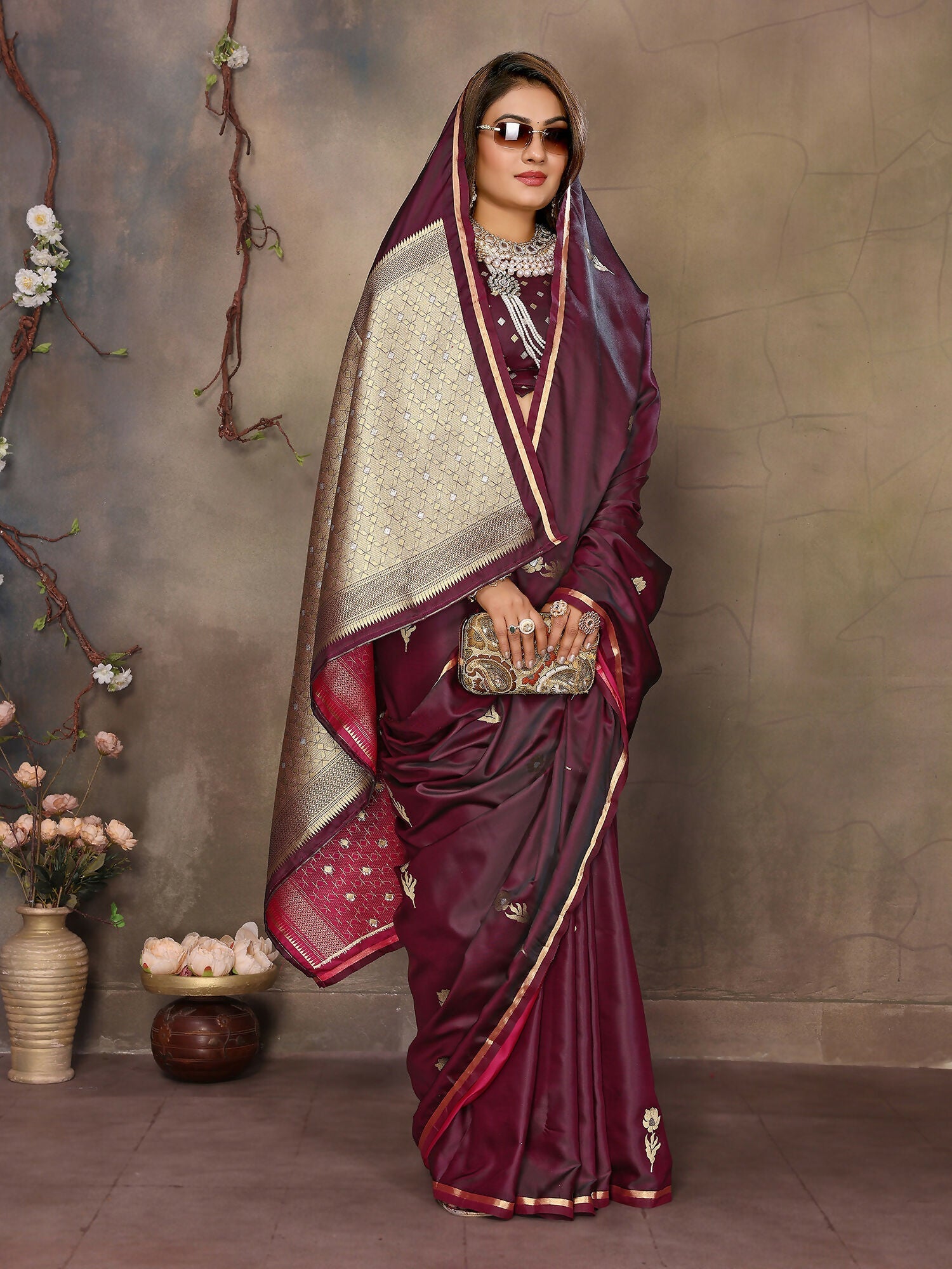 Maroon Floral and Botanical Motif Satin Silk Banarasi Saree