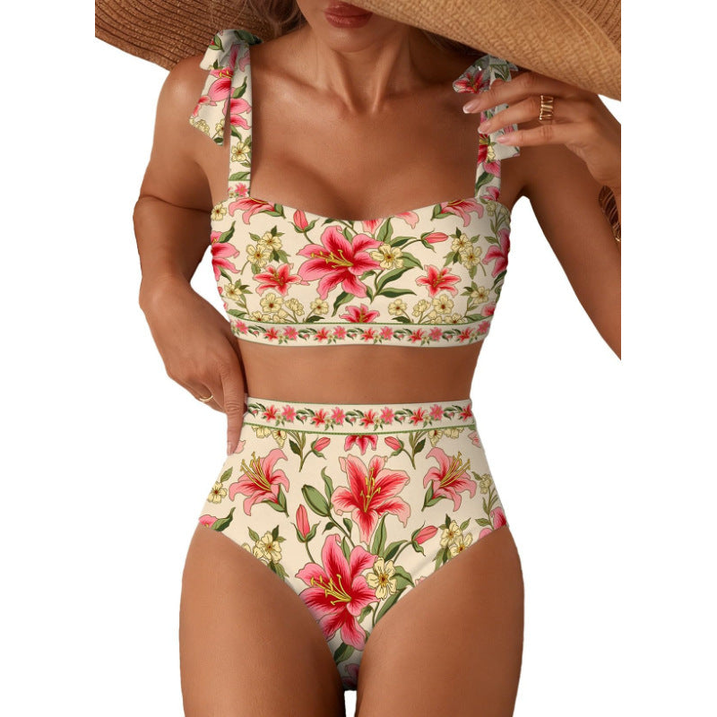 Tie-Shoulder Striped High-Waisted Bikini Set Two-Piece Swimsuit