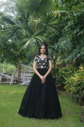 Black Anarkali dress for women with silver sequin floral embroidery on faux georgette