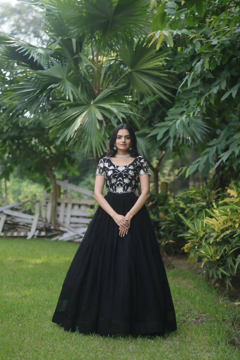 Black Anarkali dress for women with silver sequin floral embroidery on faux georgette
