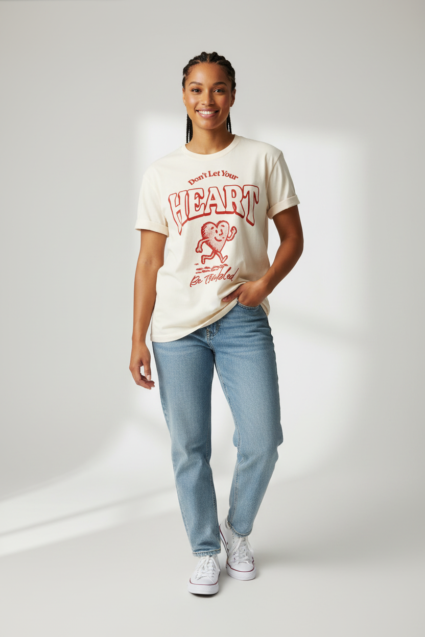 Beige t-shirt with red graphic and text on a white background