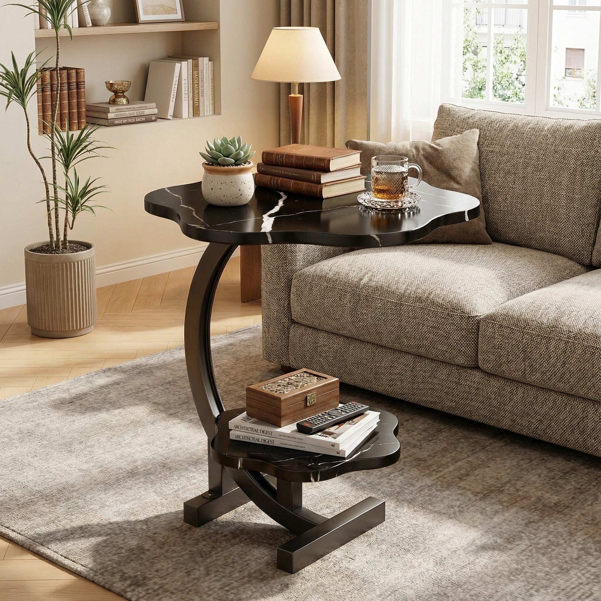 Modern Round Side Table with Wrought Iron Base for Living Room