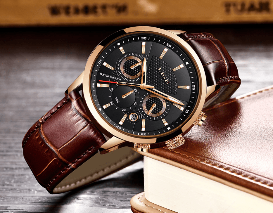 Men's Waterproof Chronograph Sport Watch with Leather Strap