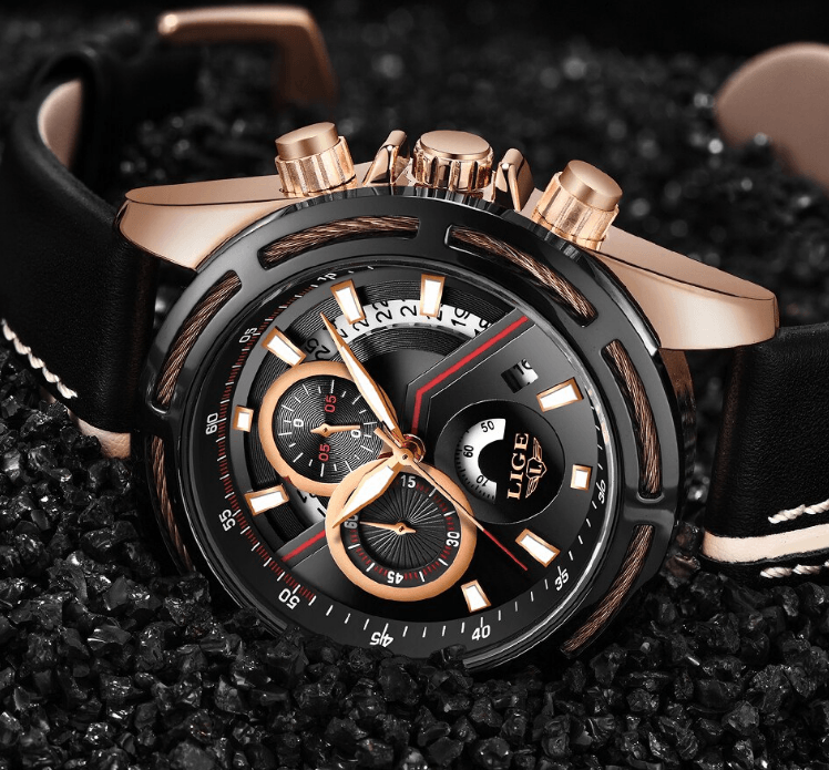 Men's Waterproof Chronograph Sports Watch with Leather Strap