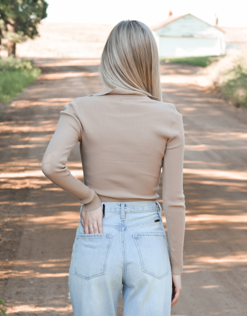 Collared V Neck Sweater Top in Taupe - Soft Knit Pullover
