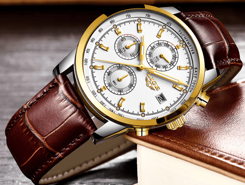 Waterproof Men's Quartz Watch with Chronometers and Brown Strap