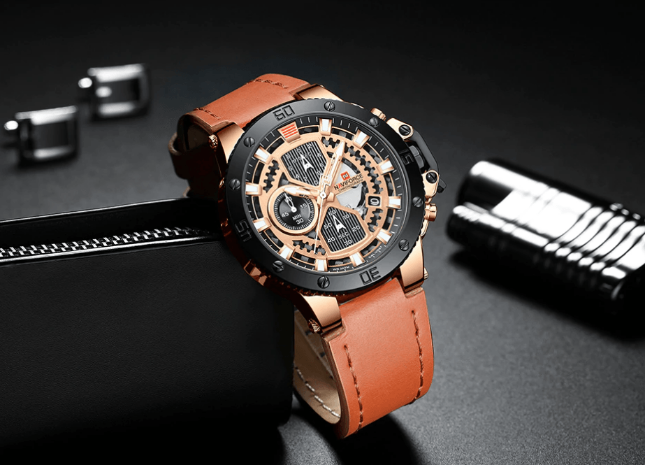 Men's Waterproof Casual Chronograph Watch with Leather Strap