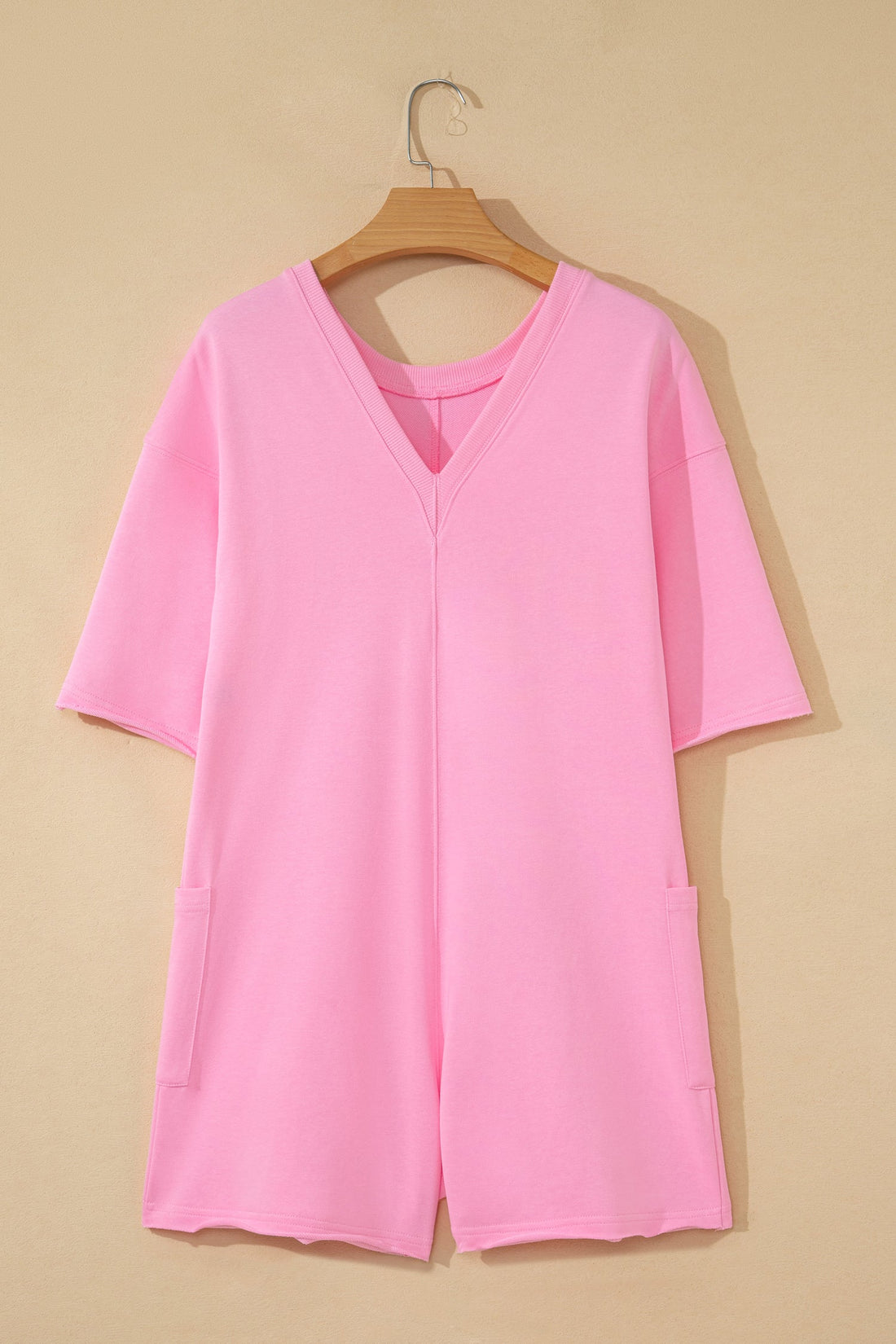 Solid Raw Edge Short Sleeve Pocketed Romper
