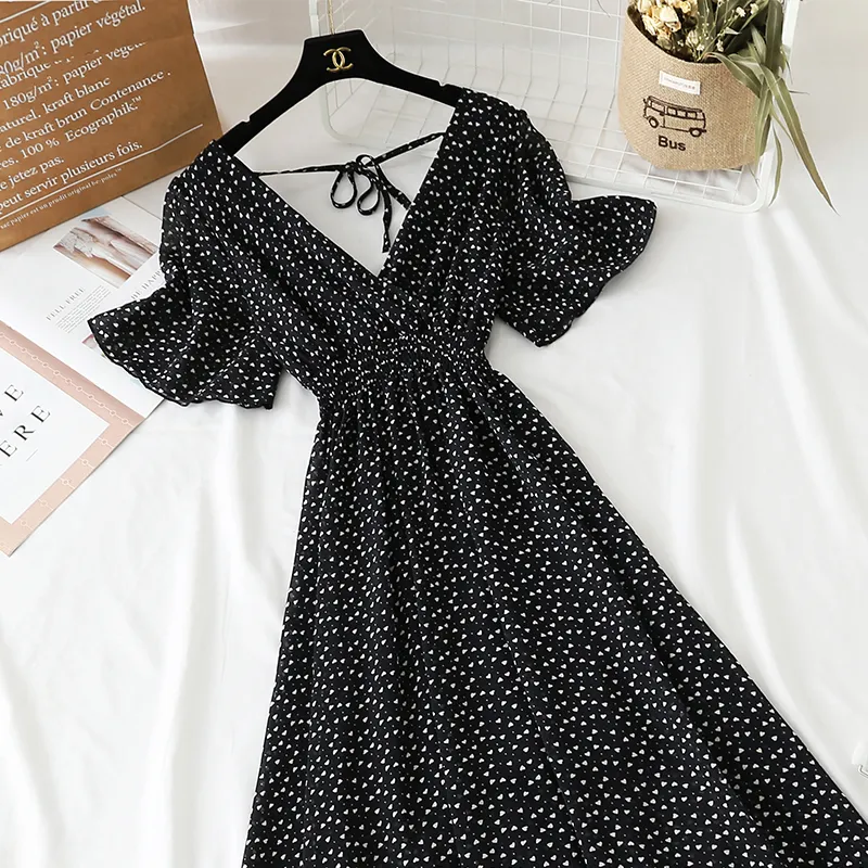 Floral Ruffled Chiffon Midi Dress - V-Neck Boho Summer Beach Dress