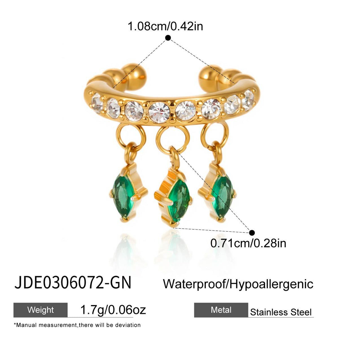 Green Zircon Hoop Earrings with Tassel Drop in Stainless Steel