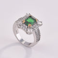Square Princess Ring With Simulated Emerald Zircon, Micro Pave Full Stone Engagement Band