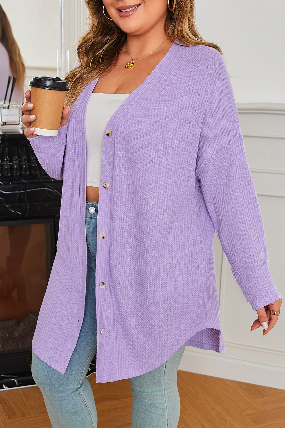 Plus Size Solid Waffle Knit Button-Front Cardigan