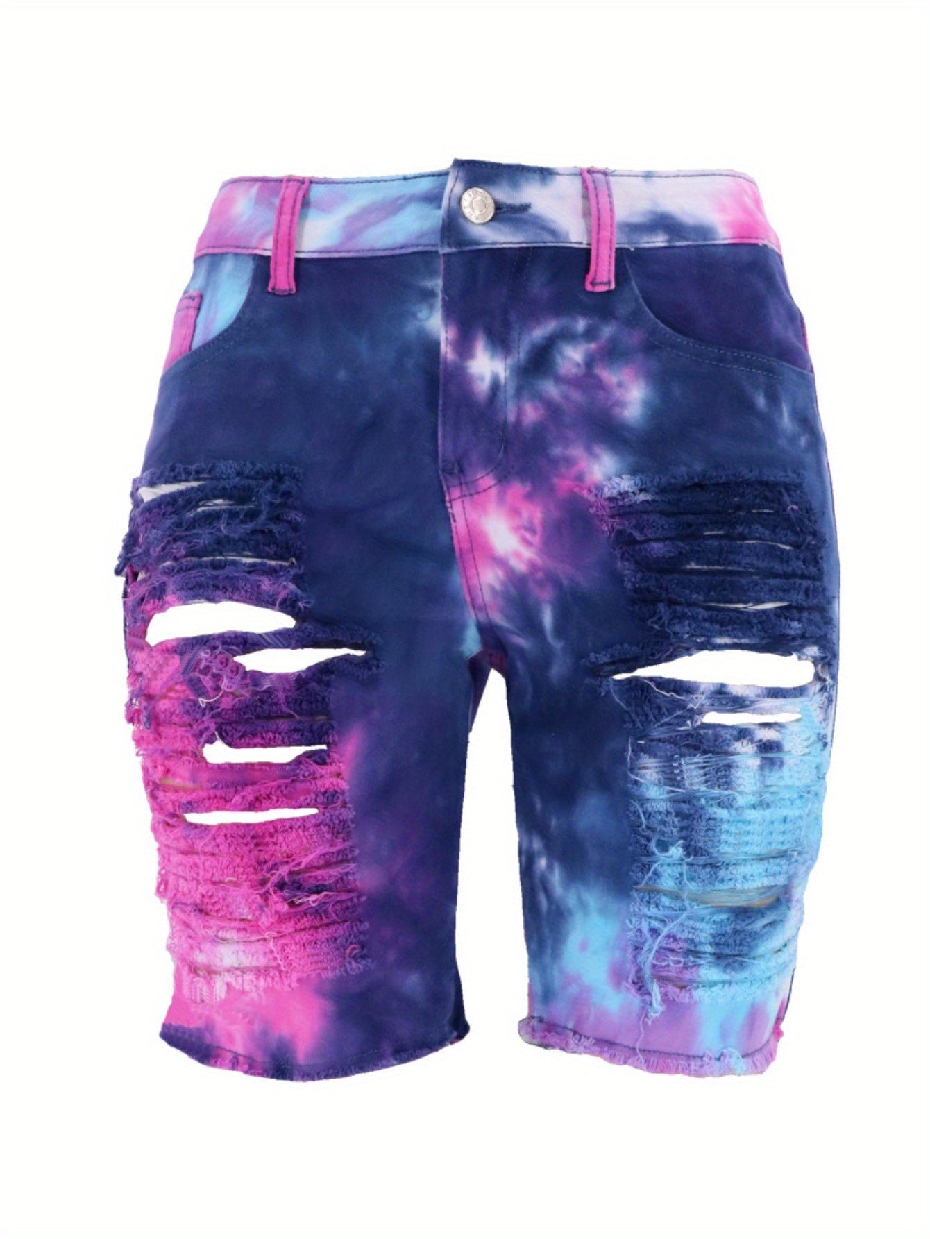 Women High Waist Tie-Dye Distressed Denim Mid-Length Shorts - Image 3
