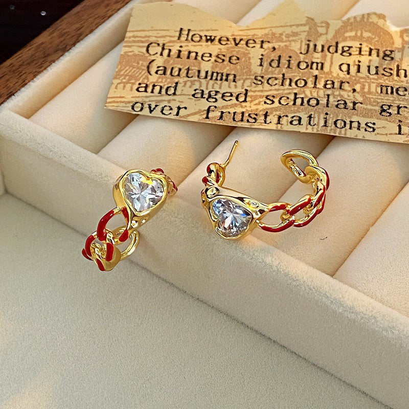 Womens Retro Enamel Heart Rhinestone Twisted C Shaped Hoop Earrings,Costume Earrings For Daily Party Wear