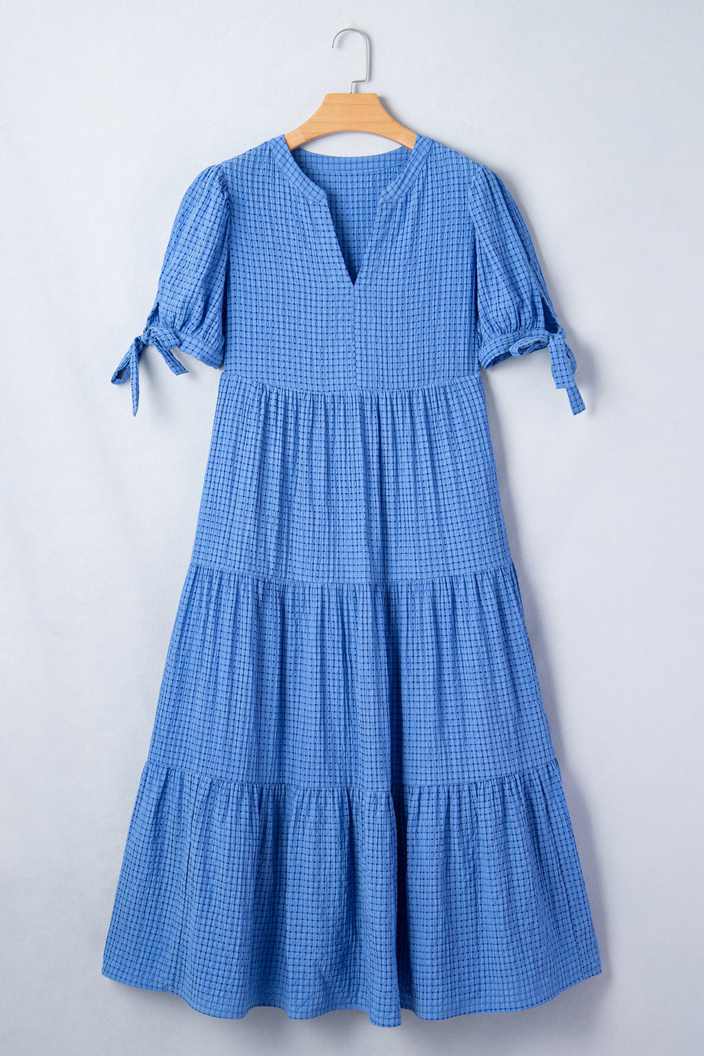 Women's Light Blue Gingham Tiered Midi Dress