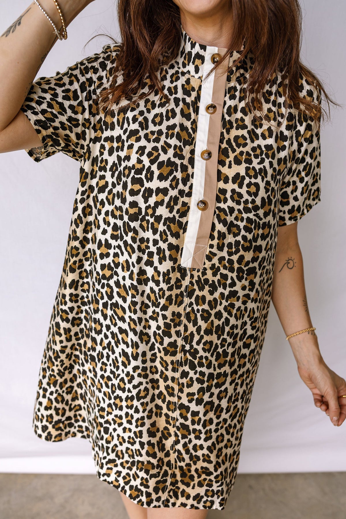 Leopard Half Buttoned Short Sleeve Mini Dress