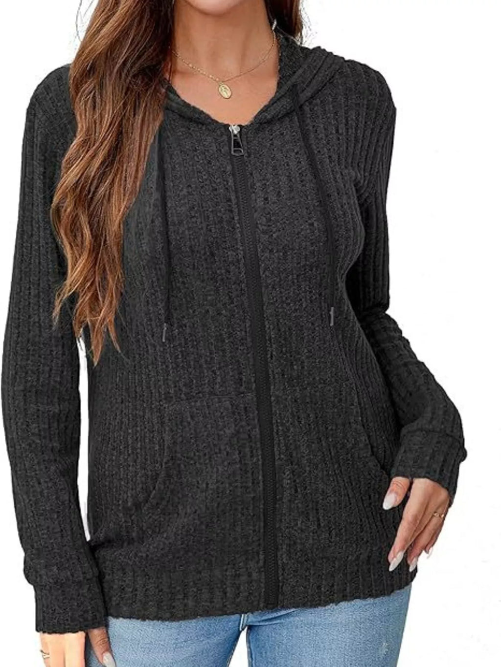Ribbed Zip Up Hooded Outerwear