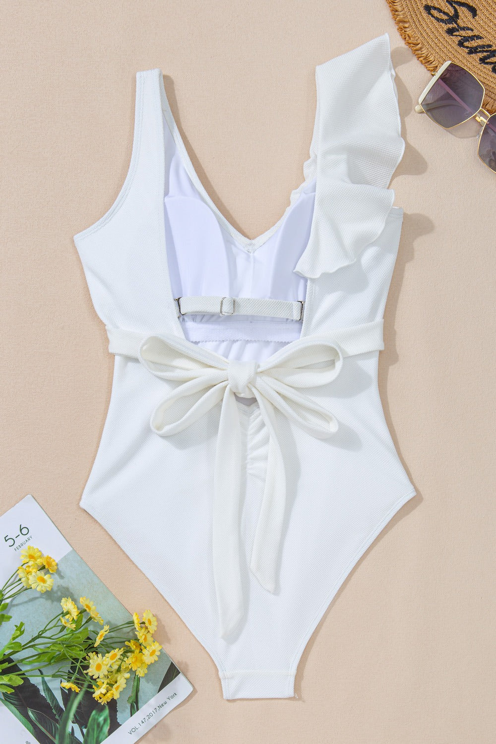 White Ruffled V-Neck One-Piece Swimsuit with Tie Waist Detail
