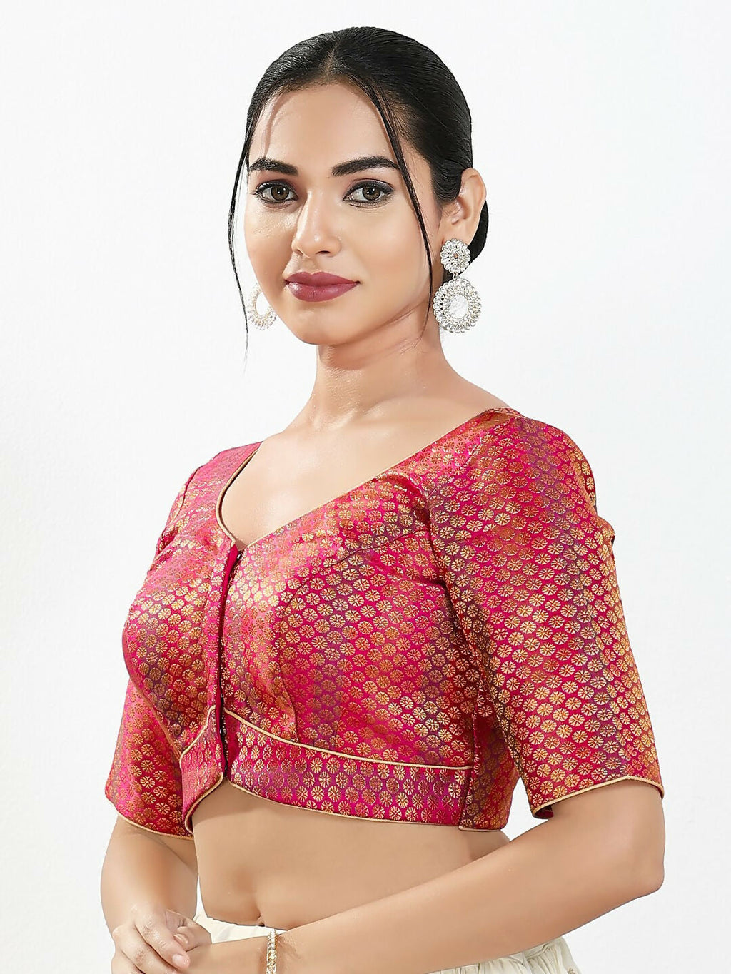 Pink Brocade Sweetheart Neck Padded Blouse with Elbow Sleeves