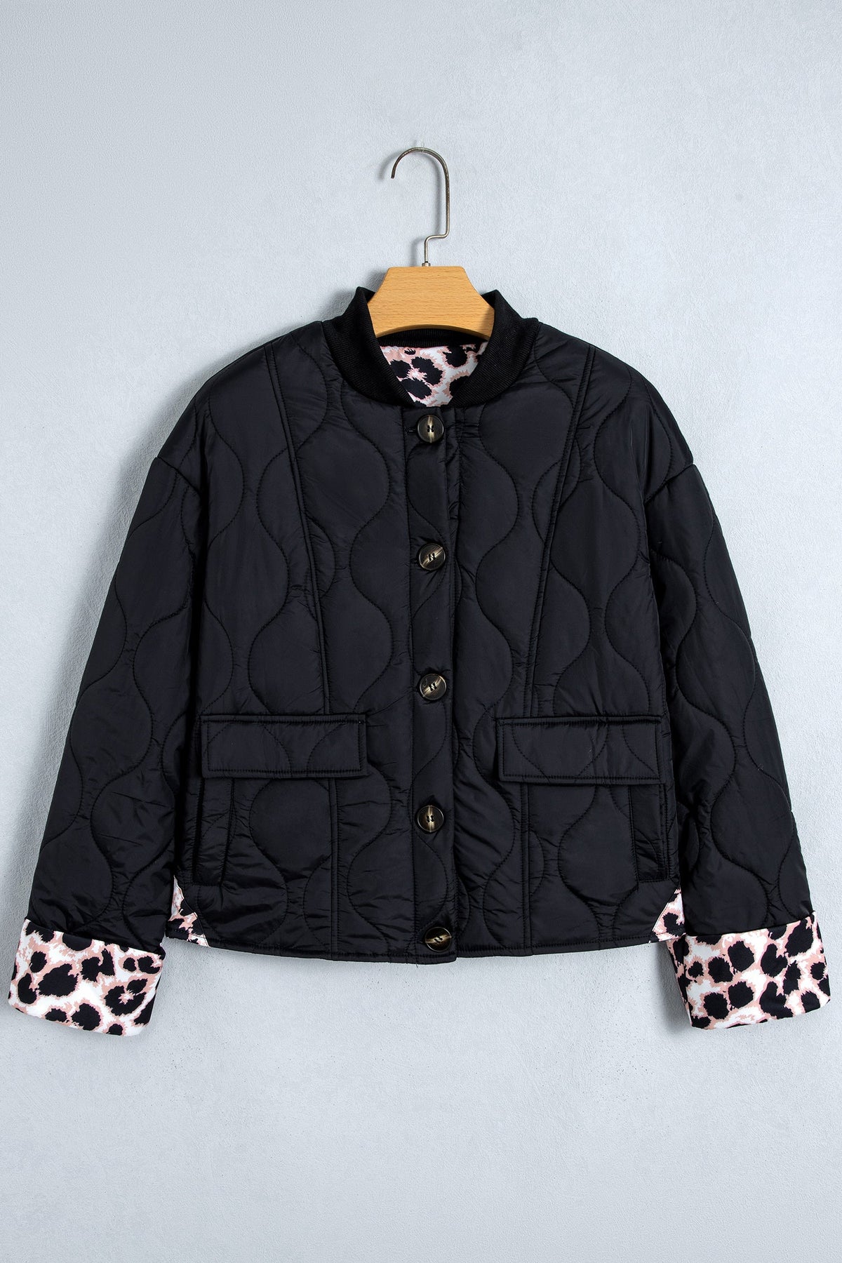 Leopard Cuff Quilted Button Down Puffer Jacket