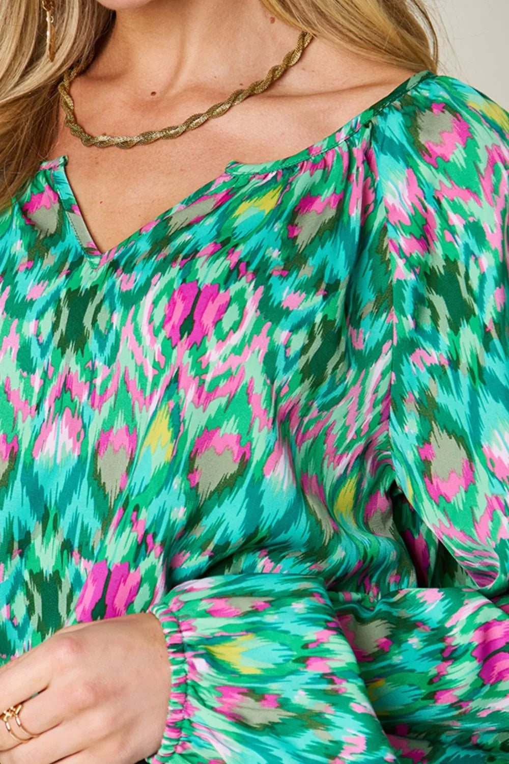 Printed Balloon Sleeve Blouse | Geometric V-Neck Chiffon Top