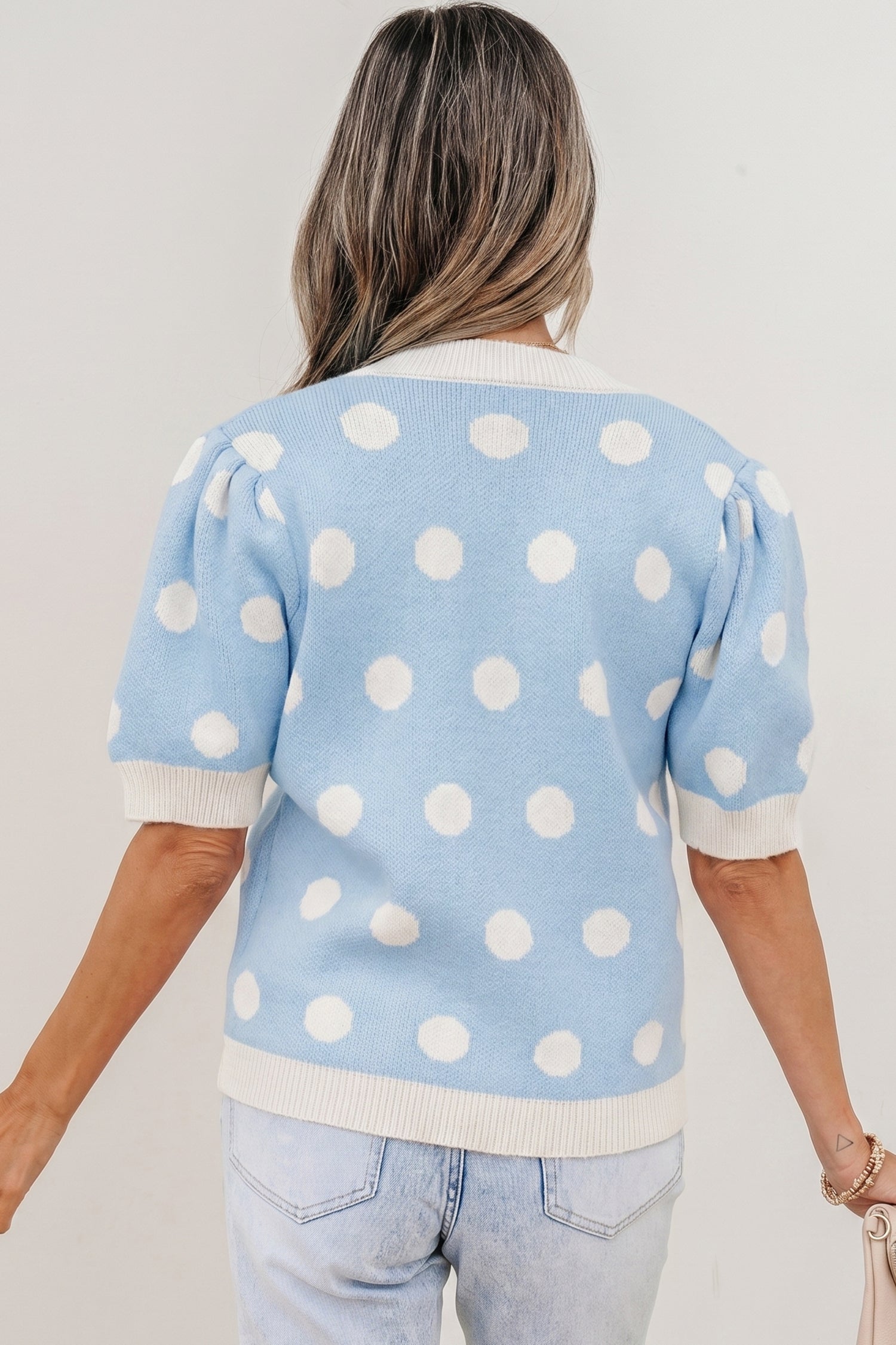 Rivka Puff Short Sleeve Sweater – Polka Dot V-Neck Knit Top