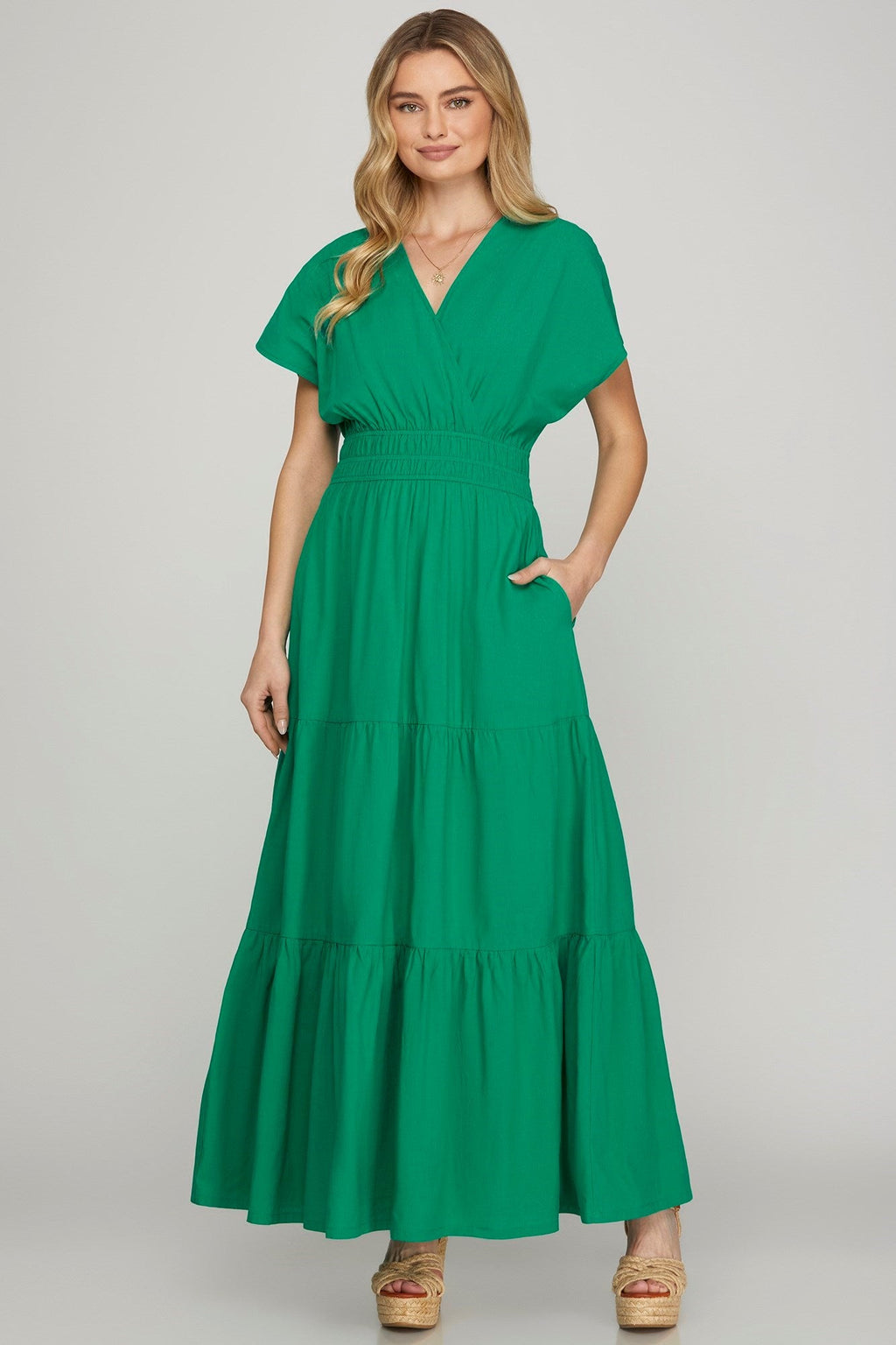 Green Surplice Short Sleeve Tiered Maxi Dress with Pockets