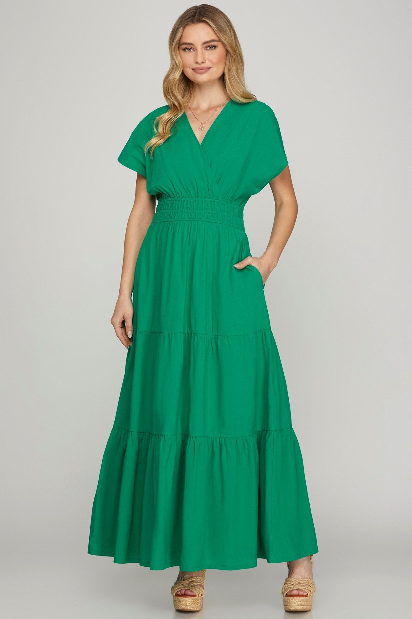 Green Surplice Short Sleeve Tiered Maxi Dress with Pockets