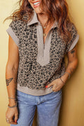 Leopard Zip-Up Collared Cap Sleeve Top