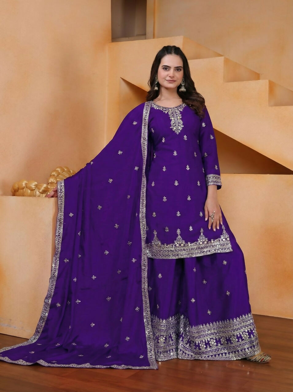 Elegant Purple Silk Embroidered Kurti paired with matching flared Sharara pants