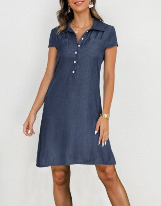 Split Pocket Denim Long Swing Dress for Casual Commute - close-up detail