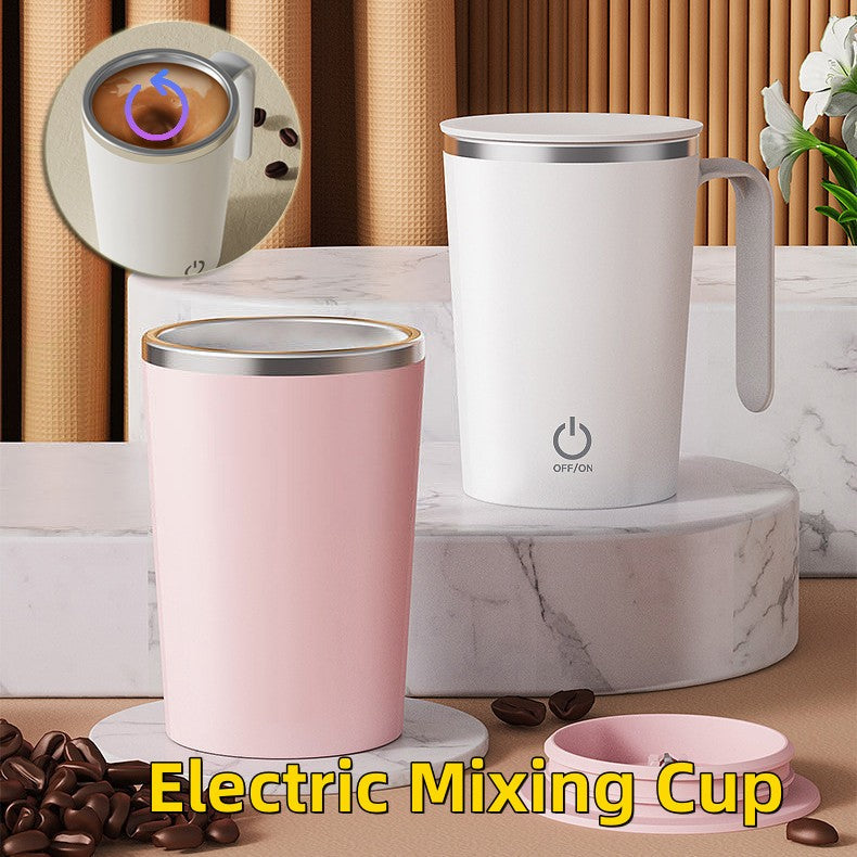 A minimalist white automatic self-stirring mixing mug sitting on a clean, modern desk surface.