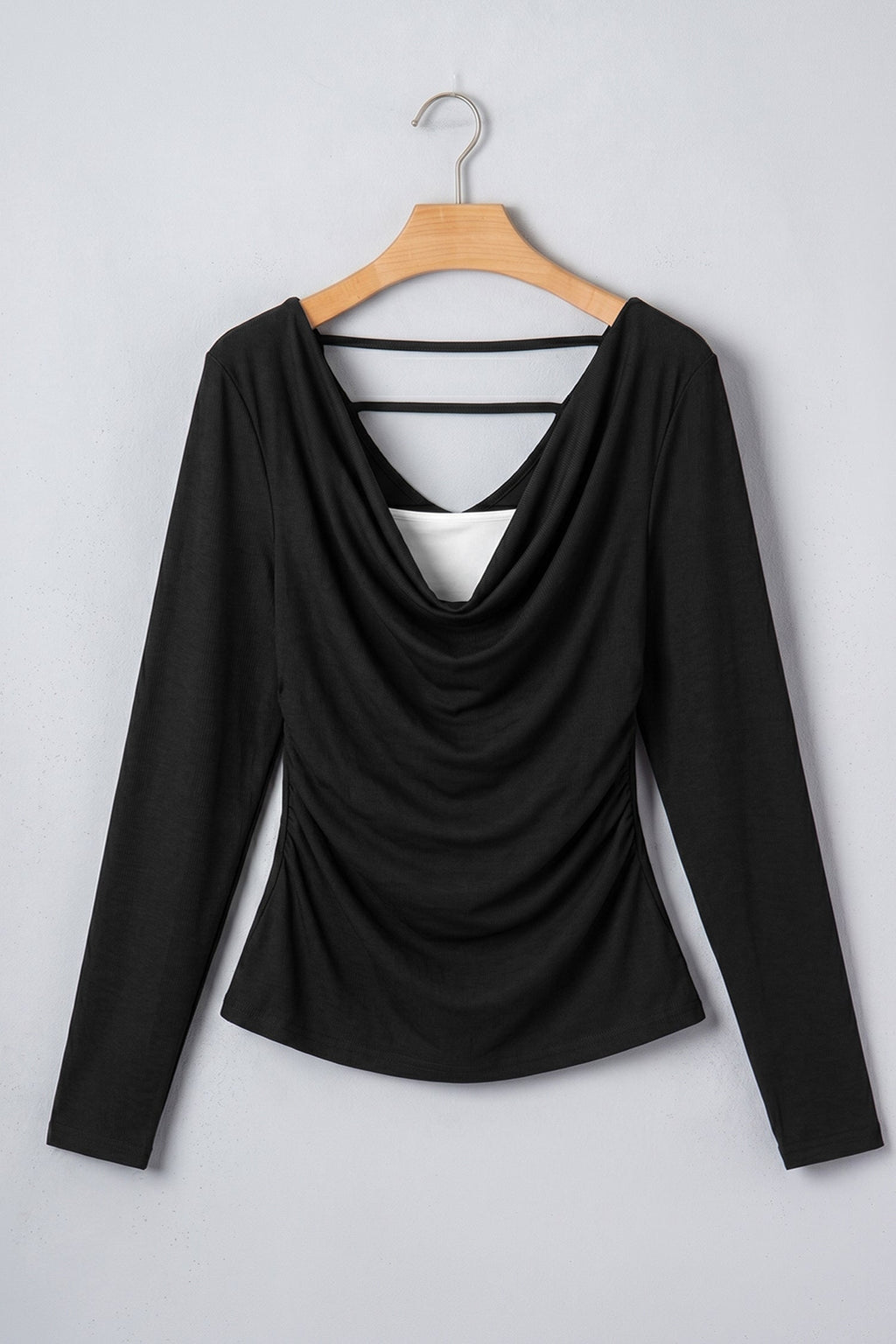 Solid Cowl Neck Ribbed Knit Long Sleeve Top