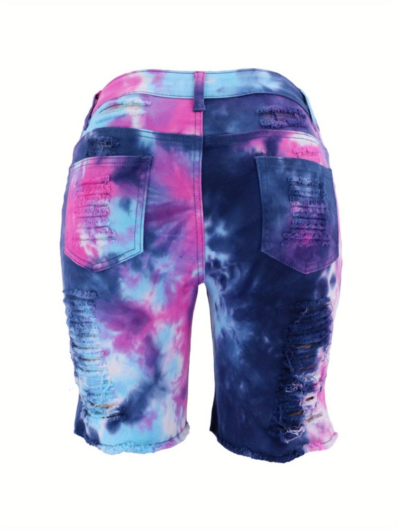 Women High Waist Tie-Dye Distressed Denim Mid-Length Shorts - Image 8