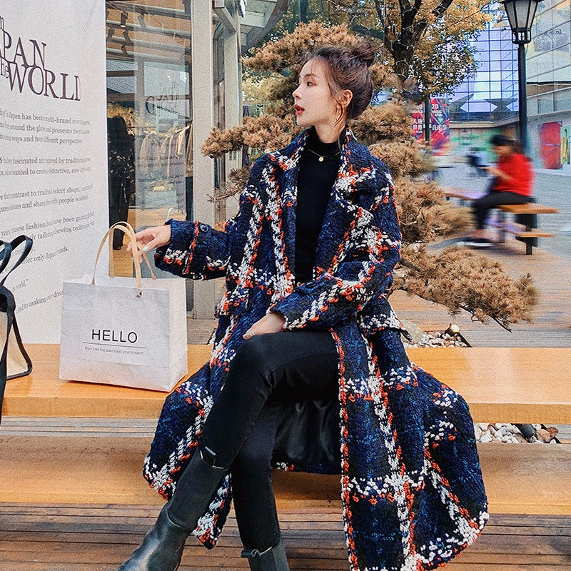 Women's Blue Plaid Woolen Mid-Length Overcoat - Harajuku Style - Image 3