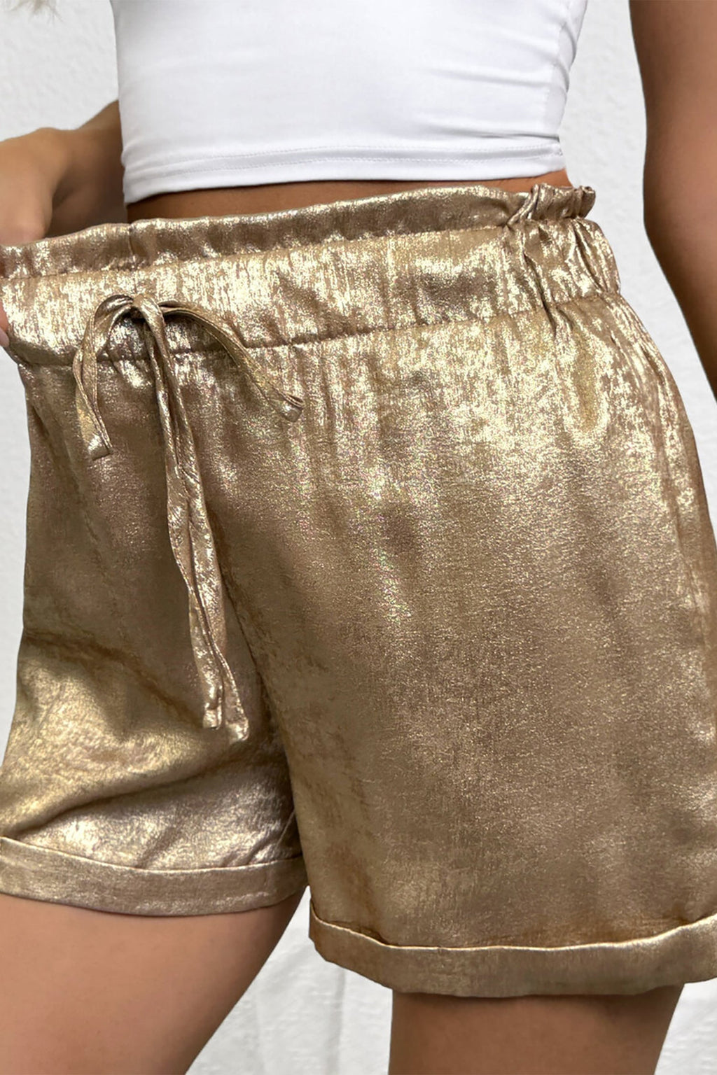 Metallic Tie Elastic Waist Cuffed Hem Shorts