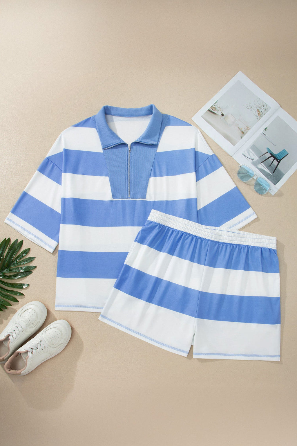 Stripe Zipped Collar Top & Shorts Set - Sporty Knit Loungewear