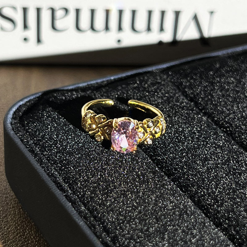 Vintage Gold Plated Geometric Open Ring with Rhinestone Accents