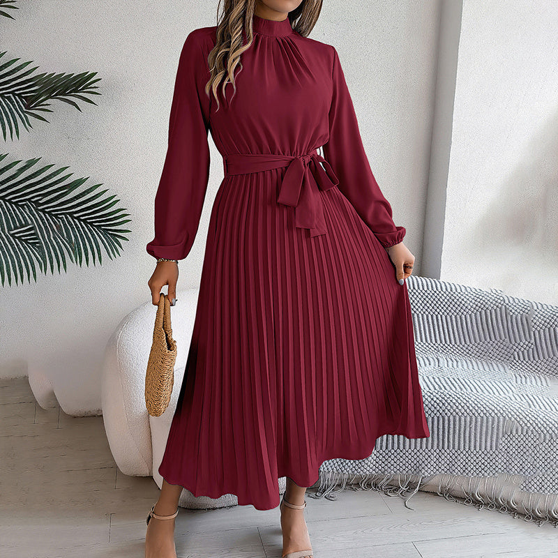 High Neck Pleated Long Sleeve Maxi Dress in Light Blue & Maroon
