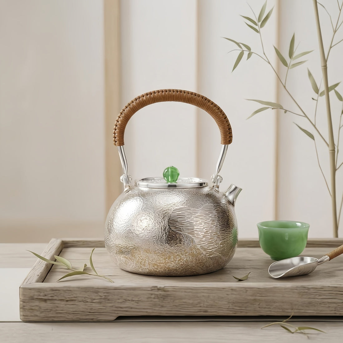 999 Fine Silver Handcrafted Textured Teapot with Rattan Handle