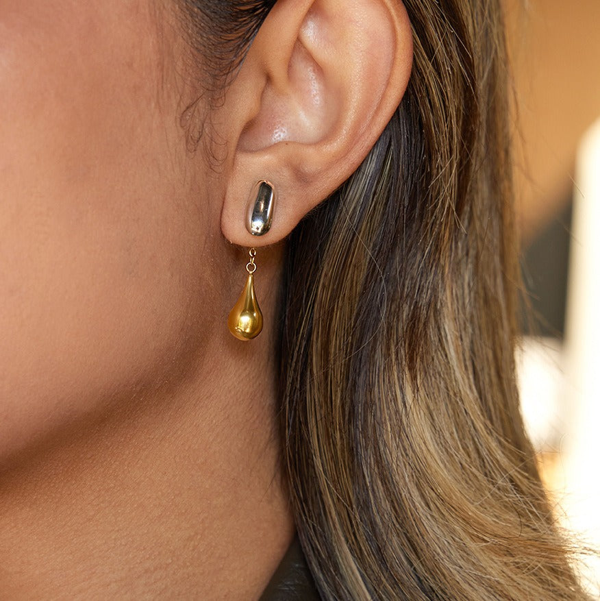 Two-tone 18K gold and S925 silver teardrop-shaped front-back stud earrings