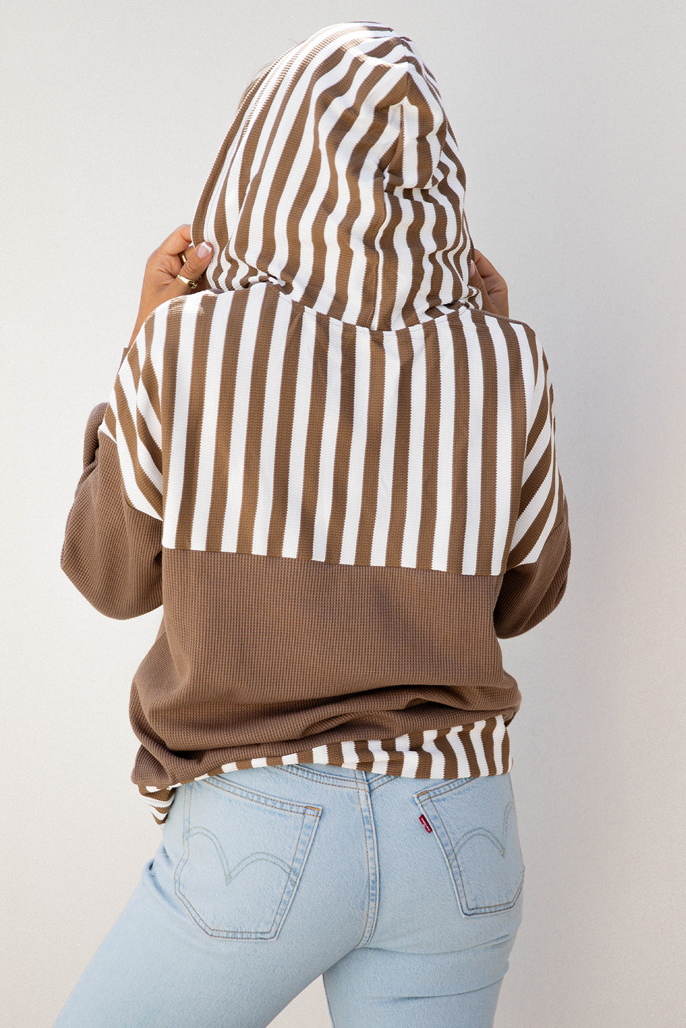 Stripe Patchwork Waffle Knit Buttoned Hoodie