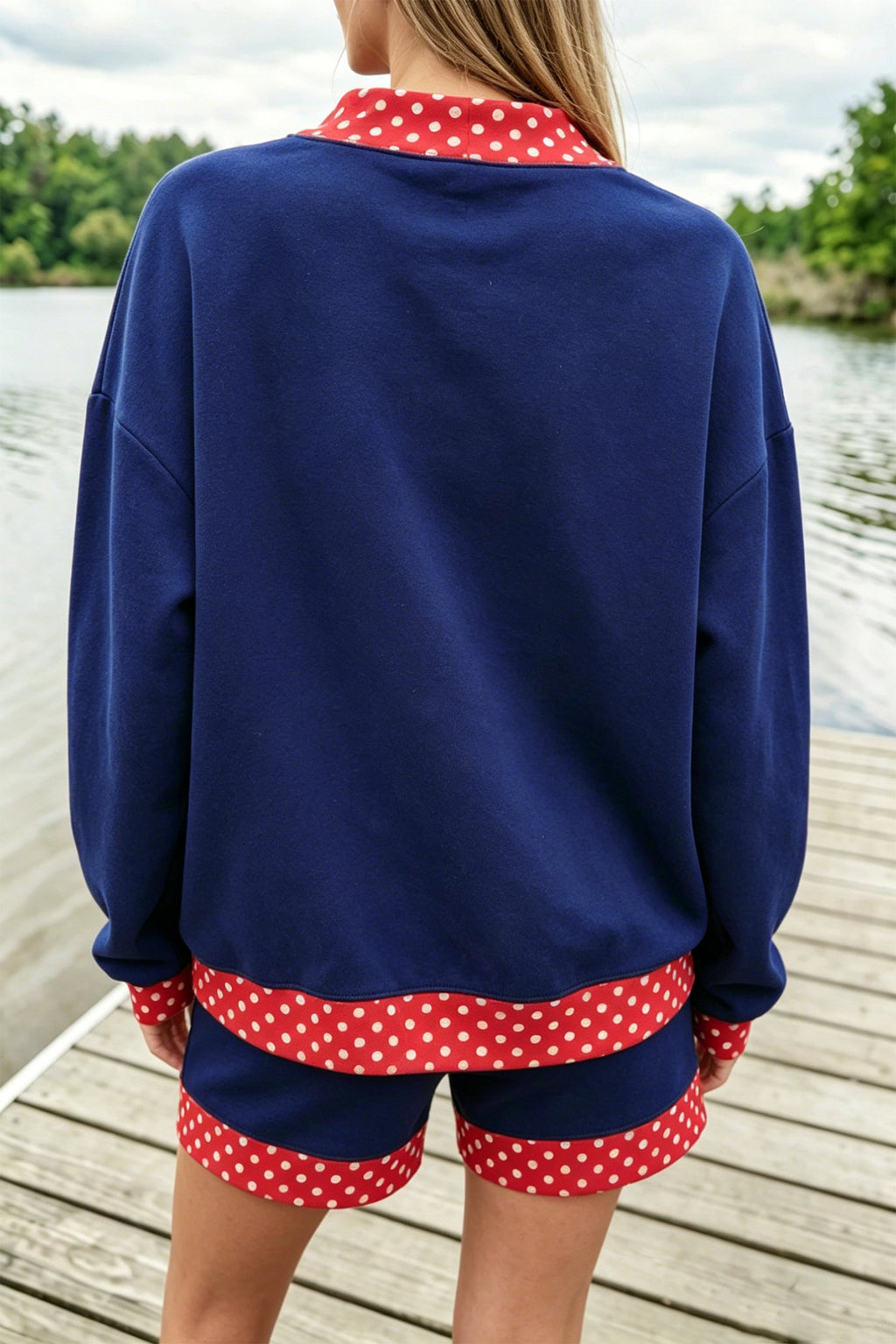 Dark Blue Polka Dot Trim Baggy Pullover 2pcs Short Set