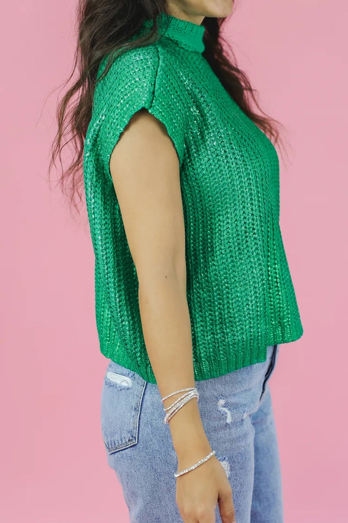 Solid Mock Neck Short Sleeve Knit Sweater