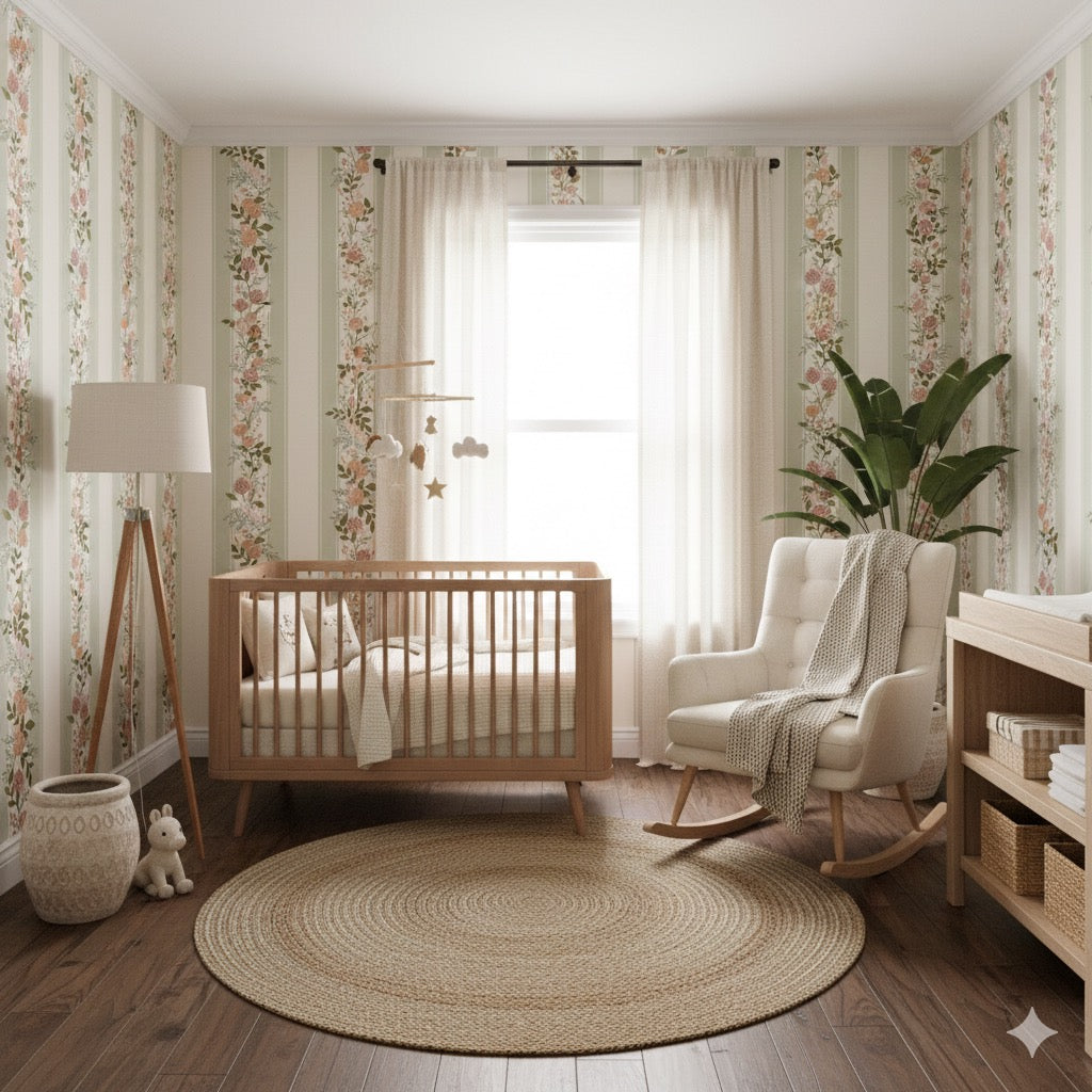 Evie floral pattern wallpaper featuring sage-green, blush-pink, and cream botanical motifs.
