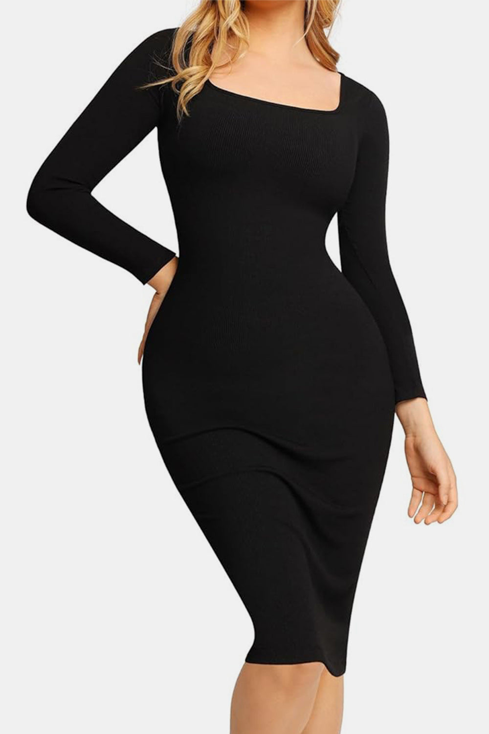 Black Square Neck Long Sleeve Sculpting Built-In Shapewear Dress
