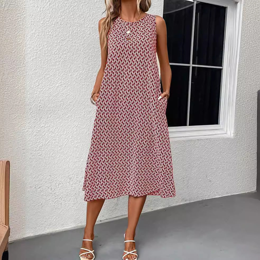 Geometric Print Sleeveless Midi Dress, Relaxed Fit Shift Dress