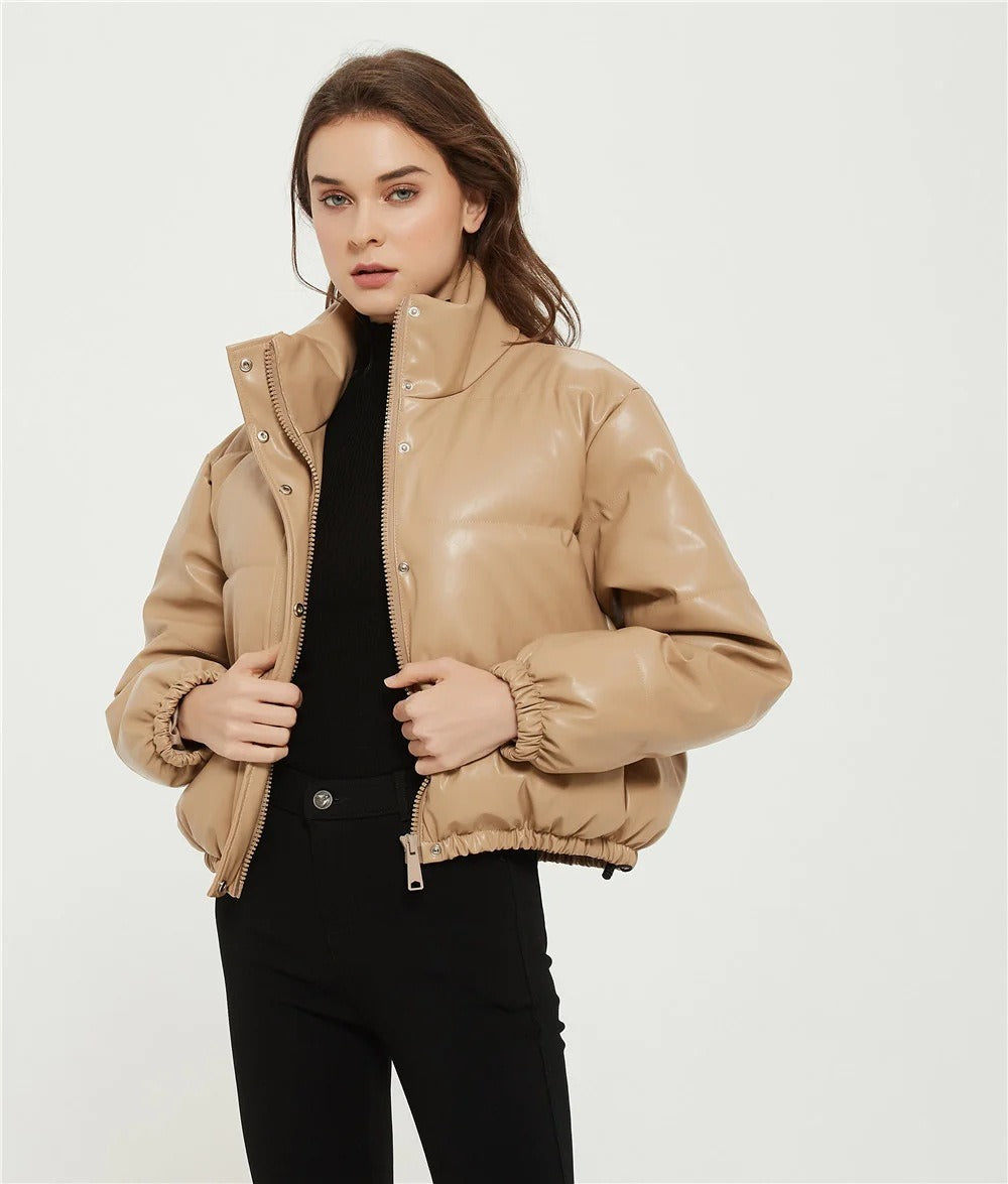 Stylish Women's Tan Faux Leather Puffer Jacket with Stand Collar - Image 2