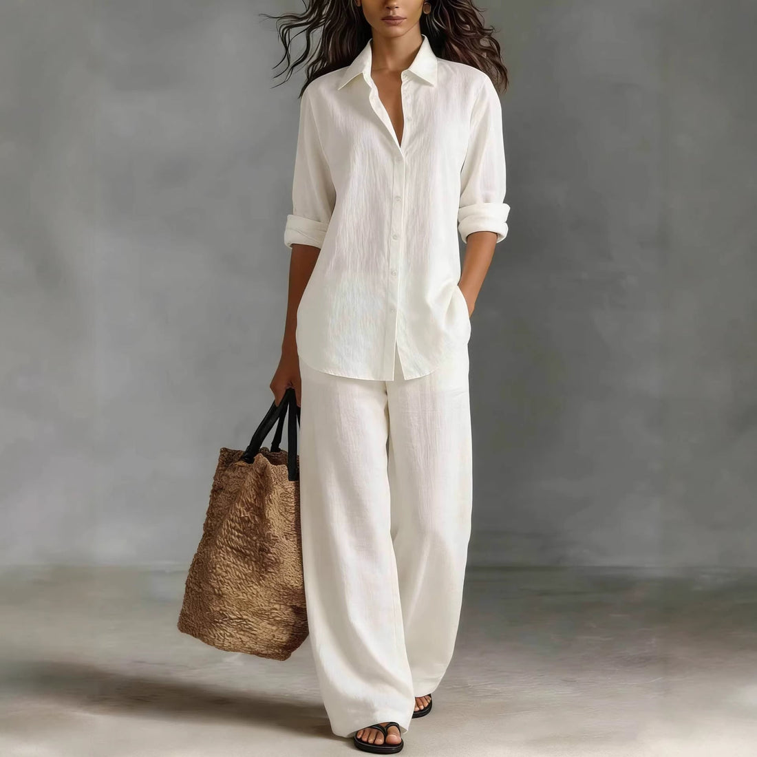 Model wearing a white bohemian cotton-linen button-down shirt and matching wide-leg pants
