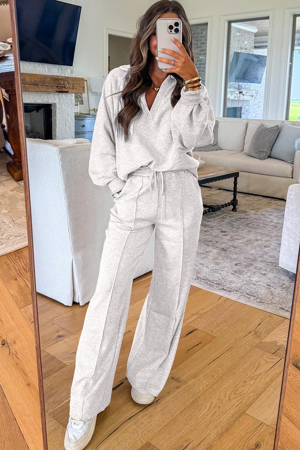 Dark Khaki Polo Collar V Neck Pullover and Drawstring Sweatpants Set